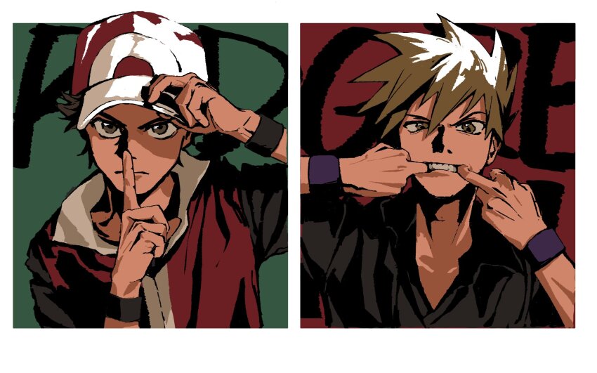 2boys arm_up armband black_armband black_shirt blue_oak brown_eyes brown_hair character_name closed_mouth collared_jacket collared_shirt commentary finger_in_own_mouth finger_to_mouth frown hair_between_eyes highres index_finger_raised jacket looking_at_viewer male_focus multiple_boys nintendo open_collar pokemon pokemon_frlg purple_armband red_(pokemon) sanpaku shirt short_hair symbol-only_commentary tangi_ver teeth uneven_eyes upper_body