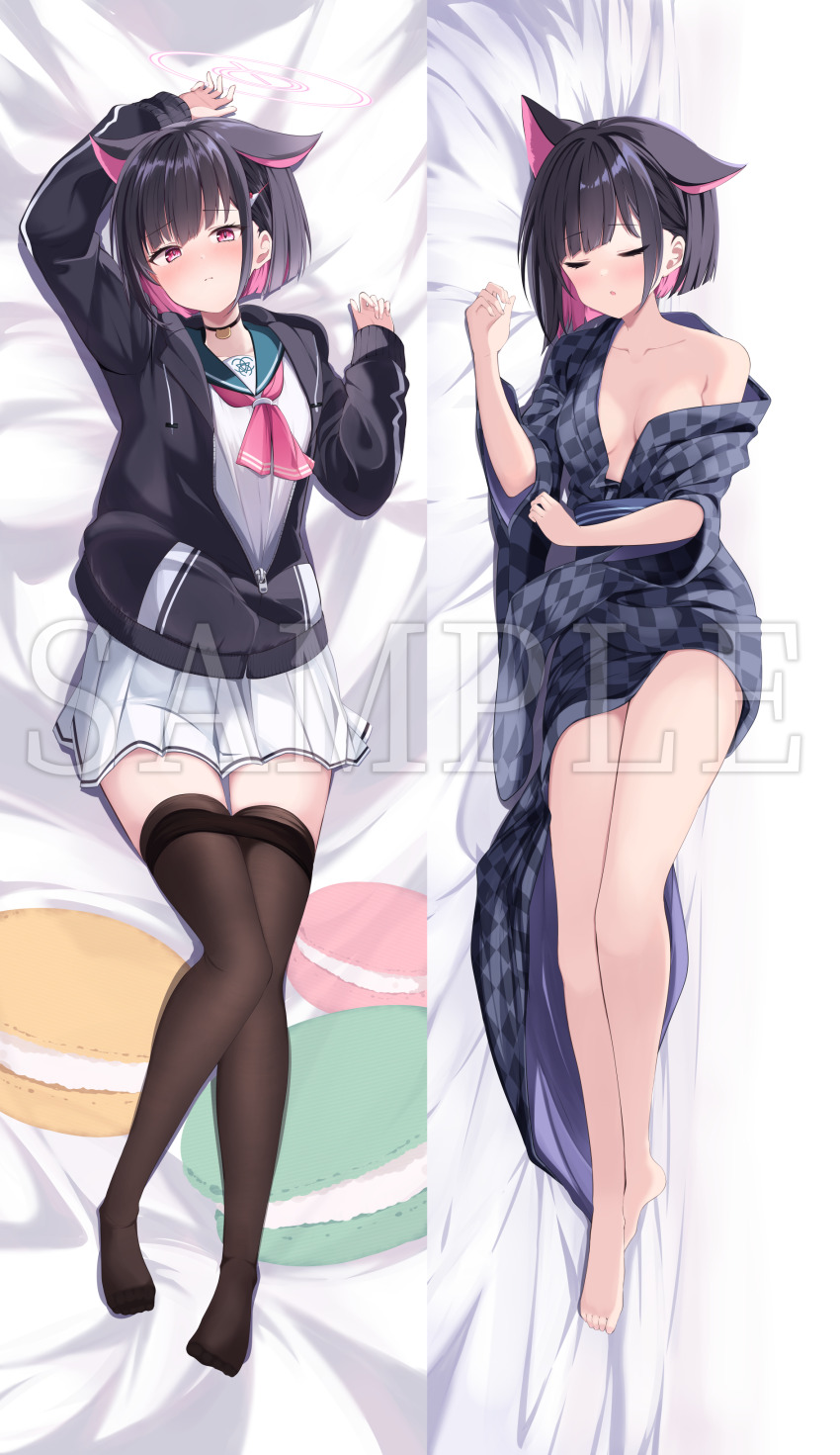 1girl :o absurdres acchii_(akina) alternate_costume animal_ears arm_up bare_legs barefoot bath_yukata bed_sheet black_choker black_hair black_hoodie black_pantyhose blue_archive blunt_bangs blunt_ends blush bob_cut breasts breasts_apart cat_choker cat_ears cat_girl choker closed_eyes closed_mouth clothes_pull colored_inner_hair commentary_request dakimakura_(medium) extra_ears eyelashes feet food_print full_body green_sailor_collar hair_ornament hairclip halo hand_up highres hood hood_down hoodie japanese_clothes kazusa_(blue_archive) kimono knees_together_feet_apart long_sleeves looking_at_viewer lying macaron_print medium_breasts miniskirt multicolored_hair multiple_views naked_kimono neckerchief no_shoes on_back on_side open_mouth pantyhose pantyhose_pull partially_unzipped pink_hair pink_halo pink_neckerchief pleated_skirt red_eyes sailor_collar sample_watermark school_uniform serafuku shirt short_hair shy single_bare_shoulder skirt sleeping sleeves_past_wrists toes tsurime two-tone_hair watermark white_serafuku white_shirt white_skirt wide_sleeves yukata
