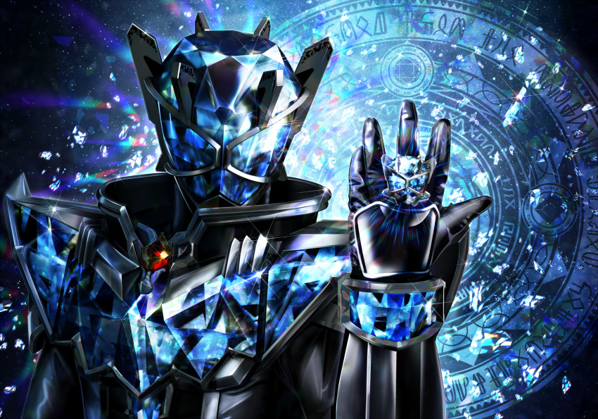 1boy gem helmet highres jewelry kamen_rider kamen_rider_wizard kamen_rider_wizard_(infinity_style) kamen_rider_wizard_(series) looking_at_viewer magic_circle male_focus masukudo_(hamamoto_hikaru) portrait ring solo tokusatsu