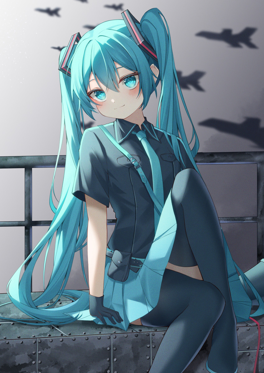 1girl :3 absurdres aircraft airplane aqua_eyes aqua_hair aqua_necktie aqua_skirt belt_pouch black_shirt black_thighhighs breast_pocket collared_shirt commentary fence fighter_jet grey_sky hatsune_miku highres iron_fence knee_up koi_wa_sensou_(vocaloid) light_blush long_hair looking_at_viewer megaphone military_vehicle necktie outdoors pocket pouch ryaru_ryaru shirt sitting skirt sky solo thighhighs twintails very_long_hair vocaloid