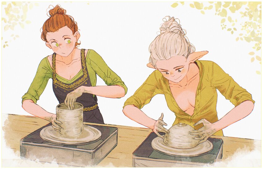 2girls :/ asimov_(spindle_(aidenr0)) black_dress black_eyes blush breasts bright_pupils brown_hair clay cleavage closed_mouth collarbone commentary concentrating dirty_hands dress elf english_commentary green_eyes green_shirt hair_bun hair_pulled_back hair_up highres leaf looking_at_object looking_down looking_to_the_side loose_hair_strand meandros meandros_trim medium_breasts multiple_girls no_bra original ottilie_(spindle_(aidenr0)) partially_unbuttoned pinafore_dress plunging_neckline pointy_ears potters_wheel pottery shirt side-by-side single_hair_bun sleeveless sleeveless_dress spindle_(aidenr0) standing table v-neck vignetting white_background white_hair white_pupils yellow_shirt