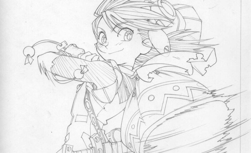 1boy belt belted_romper bilingual_text commentary_request copyright_name cover cowboy_shot dated_commentary fingerless_gloves gloves goggles goggles_on_headwear grandia grandia_i graphite_(medium) greyscale hat hontani_toshiaki justin_(grandia) lineart logo long_hair looking_to_the_side male_focus mixed-language_text monochrome numbered official_art romper sack short_sleeves simple_background smear_frame smile solo straight_hair sword toggles torn_clothes torn_sleeves traditional_media translation_request weapon weapon_strap