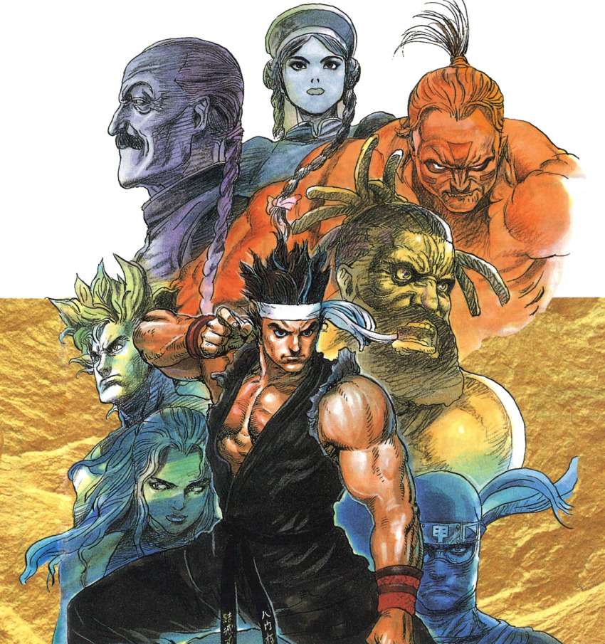 1990s_(style) 2girls 6+boys beard belt black_belt braid dougi facial_hair fighting_stance highres jacky_bryant jeffry_mcwild kage-maru karate_gi lau_chan manly martial_arts_belt multiple_boys multiple_girls muscular mustache ninja official_art pai_chan retro_artstyle sarah_bryant sega single_braid solo_focus spiked_hair terada_katsuya virtua_fighter wolf_hawkfield yuki_akira