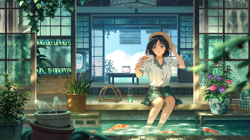 1girl aqua_eyes aqua_skirt bamboo_screen basket black_hair blue_sky bottle cinder_block collarbone collared_shirt cup fishbowl flower flower_pot hand_fan hat highres holding holding_fan hose indoors interior koi morning_glory original paper_fan partially_submerged pink_flower plant polka_dot polka_dot_skirt potted_plant purple_flower ramune scenery shirt short_hair short_sleeves shouji sitting skirt sky sliding_doors soaking_feet solo straw_hat sugi87 summer table television uchiwa vase vines water_bottle white_shirt window yellow_flower