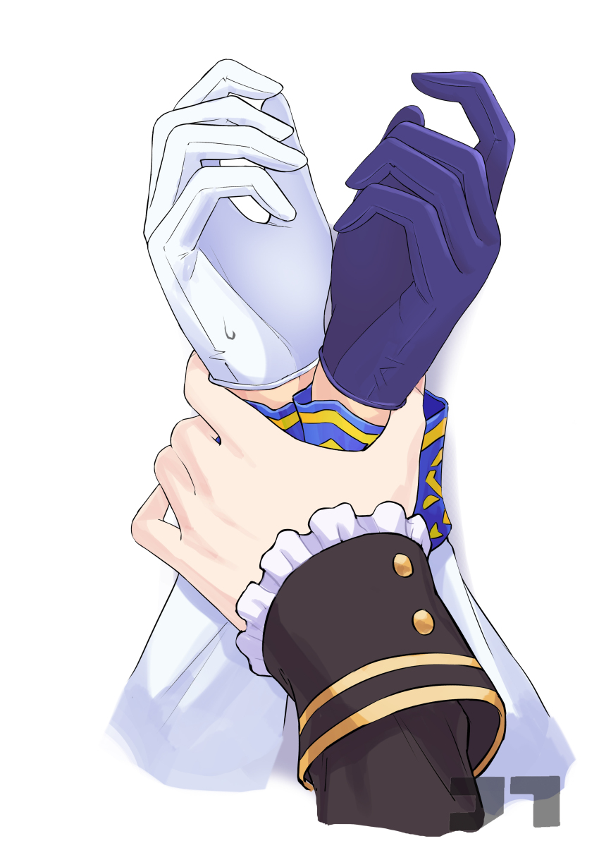 2girls absurdres artist_logo blue_gloves gloves hand_focus highres holding_another&#039;s_wrist jtleeklm logo long_sleeves mejiro_mcqueen_(umamusume) multiple_girls simple_background sweatdrop tokai_teio_(umamusume) umamusume watermark white_background white_gloves yuri