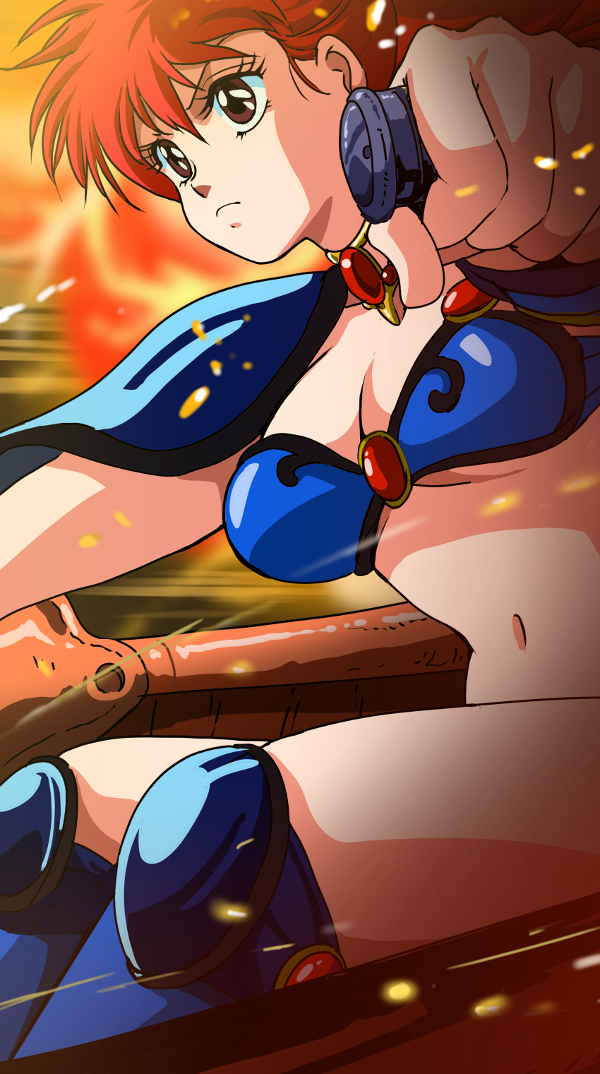 1980s_(style) absurdres armor asagiri_youko bikini bikini_armor blue_bikini blue_boots boots earrings genmu_senki_leda highres jewelry knee_boots masaaki_endo oldschool pauldrons red_hair retro_artstyle shoulder_armor swimsuit vambraces