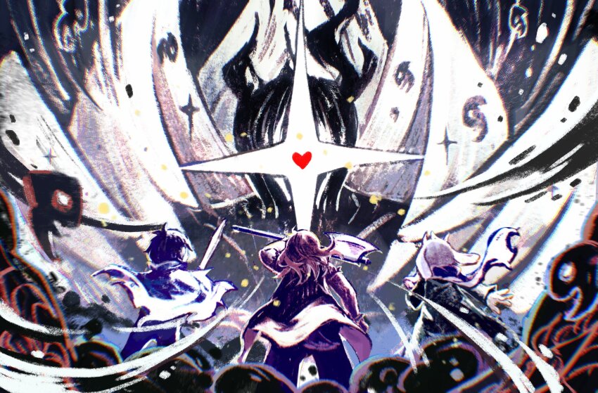 1boy 1girl 3others animal_ears axe deltarune fighting_stance glowing goat_boy goat_ears goat_horns highres horns kris_(dark_world)_(deltarune) kris_(deltarune) monster multiple_others ralsei ryuh_(asahina_neru) scarf short_tail soul_(deltarune) spoilers susie_(dark_world)_(deltarune) susie_(deltarune) sword tail titan_(deltarune) weapon