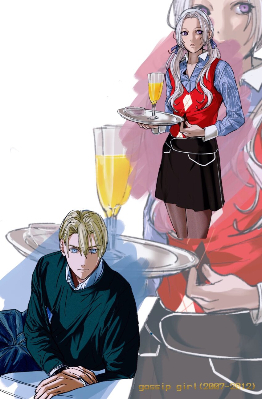 1boy 1girl alternate_costume alternate_hairstyle ambiguous_yellow_liquid amikoiiko argyle_clothes argyle_sweater blonde_hair blue_eyes blue_shirt bowl champagne_flute character_request closed_mouth collar copyright_name couch cowboy_shot cropped_legs cup denim dimitri_alexandre_blaiddyd dress_shirt drinking_glass edelgard_von_hresvelg english_text fingernails fire_emblem fire_emblem:_three_houses glass_bowl gossip_girl green_sweater hair_between_eyes hair_ribbon hand_on_own_wrist highres holding holding_tray jeans leaning_forward long_hair long_sleeves looking_at_viewer looking_to_the_side low_twintails nintendo pants pantyhose purple_eyes purple_ribbon red_sweater_vest release_date ribbon shirt short_hair simple_background sternocleidomastoid_muscle striped_clothes striped_shirt sweater sweater_vest tray twintails vertical-striped_clothes vertical-striped_shirt white_background white_collar white_hair white_shirt white_sleeve_cuffs zoom_layer