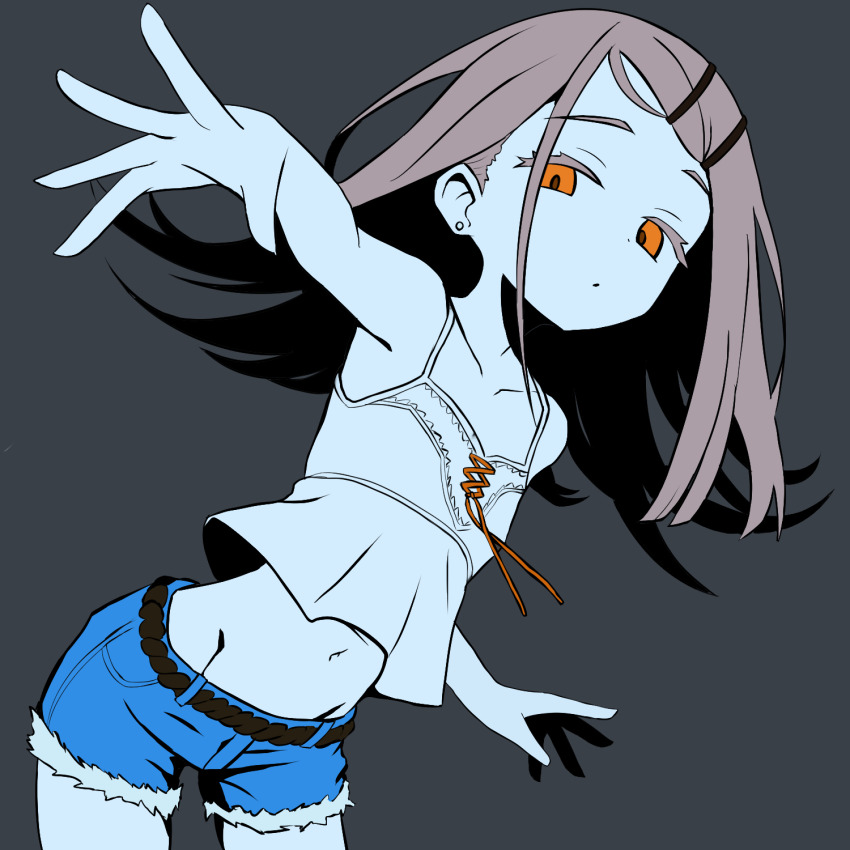 1girl bare_arms blue_shorts brown_hair camisole cowboy_shot earrings gakuen_idolmaster grey_background highres idolmaster io9 jewelry long_hair looking_at_viewer midriff navel orange_eyes reaching reaching_towards_viewer shinosawa_hiro short_shorts shorts simple_background solo stud_earrings white_camisole
