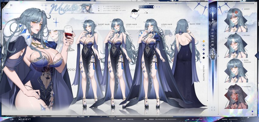 1girl absurdres alcohol anger_vein artist_name backless_dress backless_outfit black_cape black_dress black_nails black_shoes blood blood_on_face blue_dress blush breasts cape character_name color_guide crying cup dress drinking_glass fur-trimmed_cape fur_trim gradient_clothes gradient_dress grey_hair hand_on_own_thigh highres holding holding_cup indie_virtual_youtuber large_breasts lips long_hair median_furrow milkie_(vtuber) mole mole_under_eye multiple_expressions navel official_alternate_hair_length official_alternate_hairstyle pelvic_curtain pluvio red_wine reflective_floor see-through_clothes shoes short_hair siiv smile tassel thigh_strap virtual_youtuber wine wine_glass yandere yellow_eyes