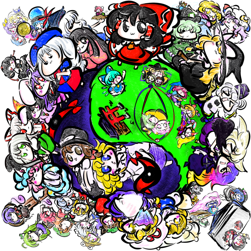 6+girls animal_ears black_bow black_eyes black_hair blonde_hair blue_eyes blue_hair blush bow broom brown_eyes brown_hair bun_cover cat_ears cat_tail character_request chen chibi cirno closed_eyes closed_mouth commentary_request crescent crescent_hat_ornament crossed_arms cup double_bun everyone frog_hair_ornament fujiwara_no_mokou gap_(touhou) green_eyes green_hair grey_hair hair_bow hair_bun hair_ornament hair_tubes hakurei_reimu hand_fan hat hat_ornament head_wings highres holding holding_cup holding_fan holding_polearm holding_sword holding_weapon hong_meiling horns houraisan_kaguya inaba_tewi izayoi_sakuya koakuma kochiya_sanae mogura-san_(dra1dra3dra2) mouse_ears multicolored_hair multiple_girls nazrin necktie one_eye_closed orange_hair patchouli_knowledge pink_hair polearm purple_hair rabbit_ears red_bow red_eyes red_hair red_necktie reisen_udongein_inaba sakazuki skirt sword tail torii touhou weapon wings yagokoro_eirin yakumo_ran yakumo_yukari yellow_eyes
