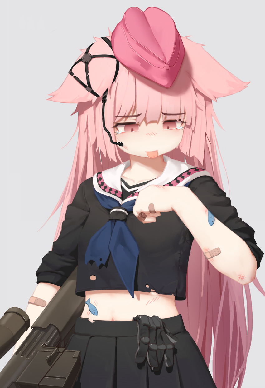 1girl absurdres animal_ears anti-materiel_rifle denel_land_systems garrison_cap girls&#039;_frontline gloves greentree gun hat highres ntw-20 ntw-20_(girls&#039;_frontline) pink_hat rifle scope shirt sniper_rifle solo torn_clothes torn_shirt unworn_gloves weapon