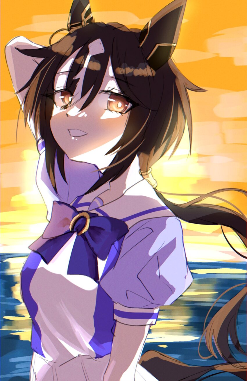 1girl animal_ears blush bow bowtie brown_eyes brown_hair disney_o626 ear_covers hair_between_eyes highres horse_ears horse_girl horse_tail long_hair looking_at_viewer multicolored_hair ocean open_mouth orange_sky outdoors ponytail puffy_short_sleeves puffy_sleeves purple_bow purple_bowtie purple_shirt sailor_collar sailor_shirt school_uniform shirt short_sleeves skirt sky smile solo stay_gold_(umamusume) streaked_hair sunset tail teeth tracen_school_uniform umamusume water white_hair white_sailor_collar white_skirt