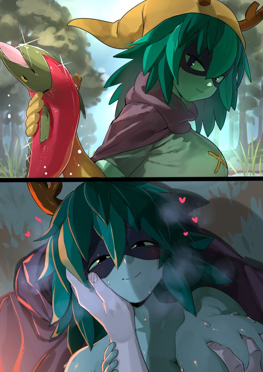 1girl adventure_time alternate_breast_size black_eyes blush breasts breath closed_mouth colored_sclera colored_skin commentary english_commentary fish forest gloves grabbing_another&#039;s_breast green_sclera green_skin groping hand_on_another&#039;s_face hat heart highres huntress_wizard implied_sex large_breasts looking_at_viewer lying nature nia_(nia4294) outdoors plant_hair pov smile sweat tree yellow_gloves yellow_hat