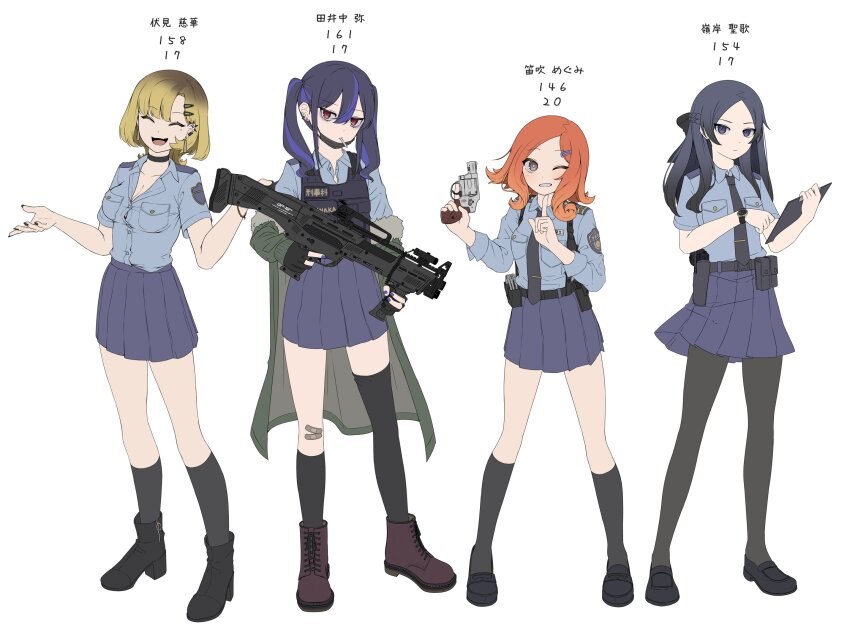 4girls bandaid bandaid_on_knee bandaid_on_leg belt belt_pouch bismuth_(paravene) black_bow black_hair black_nails black_necktie black_pantyhose black_socks blonde_hair blue_shirt blue_skirt boots bow breast_pocket brown_eyes bulletproof_vest candy cigarette clipboard coat commentary cuffs ear_piercing fingerless_gloves food fuefuki_megumi fushimi_itsuka gloves green_coat gun hair_bow hair_ornament hairclip hakoniwa_keikaku handcuffs handgun highres holding holding_clipboard holster holstered loafers lollipop long_hair looking_at_viewer mask medium_hair minegishi_seika mouth_mask multicolored_hair multiple_girls necktie off_shoulder one_eye_closed orange_hair pantyhose parted_bangs piercing pleated_skirt pocket police police_uniform policewoman pouch purple_nails red_eyes revolver rifle shirt shoes short_sleeves simple_background skirt socks streaked_hair tainaka_atsushi tie_clip twintails watch weapon white_background wristwatch