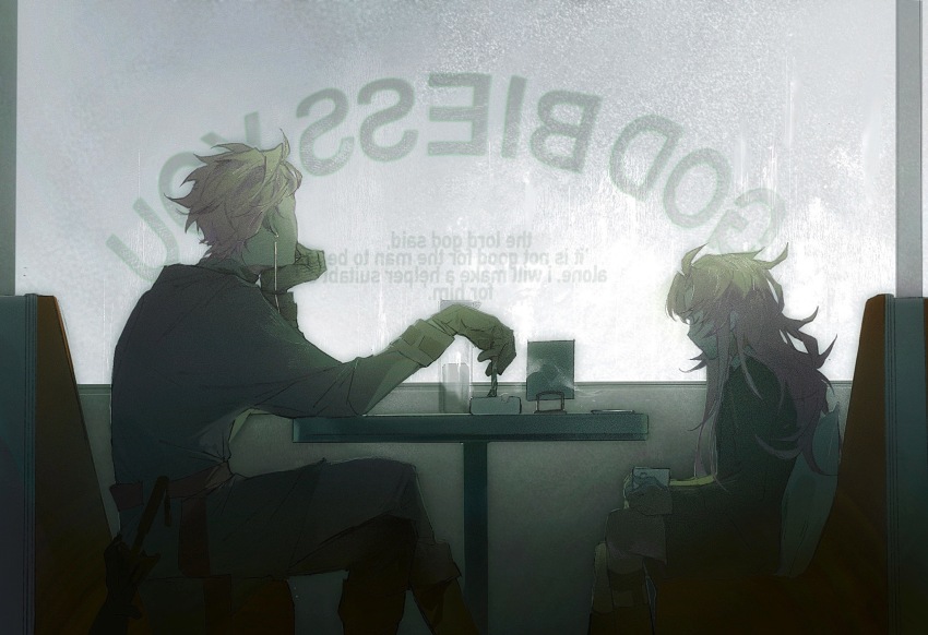 2boys ahoge artistguillotine backwards_text black_gloves black_jacket black_pants black_socks black_umbrella boots brown_boots chinese_commentary closed_eyes closed_mouth closed_umbrella commentary_request diner earrings film_grain from_side gloves hatsutori_hajime head_rest highres indoors jacket jewelry legwear_garter long_hair long_sleeves male_focus multiple_boys pants pink_hair saibou_shinkyoku short_hair sitting socks theodore_riddle umbrella