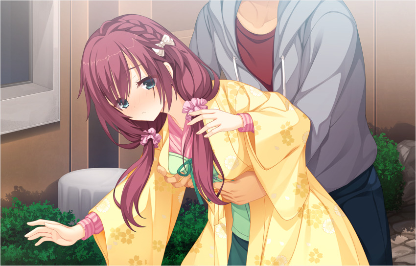 1boy 1girl accidental_pervert aqua_eyes arichi_masaomi arm_around_waist blush bow braid cherry_blossom_print closed_mouth cowboy_shot day embarrassed eyes_visible_through_hair floral_print floral_print_kimono game_cg grabbing_another&#039;s_breast grabbing_from_behind grey_hoodie groping hair_between_eyes hair_bow hair_ornament hair_scrunchie half-closed_eyes hand_up hetero hood hoodie japanese_clothes kimono leaning_forward long_hair long_sleeves looking_ahead low_twintails maniwa_roka mole mole_under_eye muririn non-web_source nose_blush official_art otogi_frontier outdoors pink_scrunchie print_kimono scrunchie senren_banka side_braid solo_focus twintails variant_set white_bow wide_sleeves yellow_kimono
