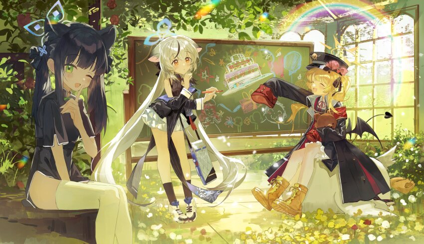 3girls :d absurdres animal_ear_fluff animal_ears armband axleaki black_bow black_coat black_dress black_hair black_hat black_jacket black_ribbon black_socks black_streaks black_tail black_wings blonde_hair bloomers blue_archive blue_halo blunt_bangs blush boots bow bush chalk chalkboard child&#039;s_drawing china_dress chinese_clothes closed_eyes clothing_cutout coat collared_shirt commentary_request demon_girl demon_tail demon_wings diamond_cutout doodle_sensei_(blue_archive) drawing_(object) dress elbow_carry extra_ears facing_another finger_to_mouth flower frilled_skirt frills gradient_halo green_bow green_eyes grey_hair hair_bow hair_ornament hair_ribbon halo hand_up hands_up hat hat_bow hat_ornament heart heart_hat_ornament highres holding holding_chalk holding_stuffed_toy ibuki_(blue_archive) index_finger_raised indoors jacket kneehighs kokona_(blue_archive) leaning_forward long_hair long_sleeves looking_at_another looking_at_viewer low_wings military_hat multicolored_hair multicolored_halo multiple_girls neck_ribbon off_shoulder one_eye_closed one_side_up open_clothes open_coat open_mouth orange_eyes overgrown peaked_cap pelvic_curtain peroro_(blue_archive) pigeon-toed pinafore_dress pink_bow rainbow red_armband red_ribbon ribbon school_uniform sensei_(blue_archive) shirt shoes short_sleeves shun_(blue_archive) shun_(small)_(blue_archive) shushing side_slit sitting sitting_on_object skirt sleeveless sleeveless_dress sleeves_past_fingers sleeves_past_wrists smile sneakers socks standing streaked_hair striped_clothes striped_dress stuffed_animal stuffed_toy tail teddy_bear thighhighs tiger_ears tiger_girl twintails underwear vertical-striped_clothes vertical-striped_dress very_long_hair white_bloomers white_shirt white_shoes white_skirt white_thighhighs window wings yellow_boots yellow_halo