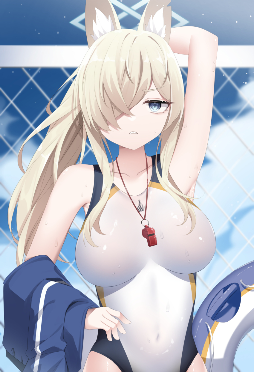 1girl animal_ear_fluff animal_ears arm_behind_head armpits blonde_hair blue_archive blue_eyes blue_halo breasts breasts_apart collarbone commentary competition_swimsuit covered_navel dog_ears dog_girl fence hair_over_one_eye halo highres impossible_clothes impossible_swimsuit innertube jitome kanna_(blue_archive) kanna_(swimsuit)_(blue_archive) large_breasts long_hair notched_ear official_alternate_costume one-piece_swimsuit outdoors parted_lips ponytail sharp_teeth sidelocks sky solo swim_ring swimsuit teeth umou_(may65879) upper_body whistle whistle_around_neck white_one-piece_swimsuit