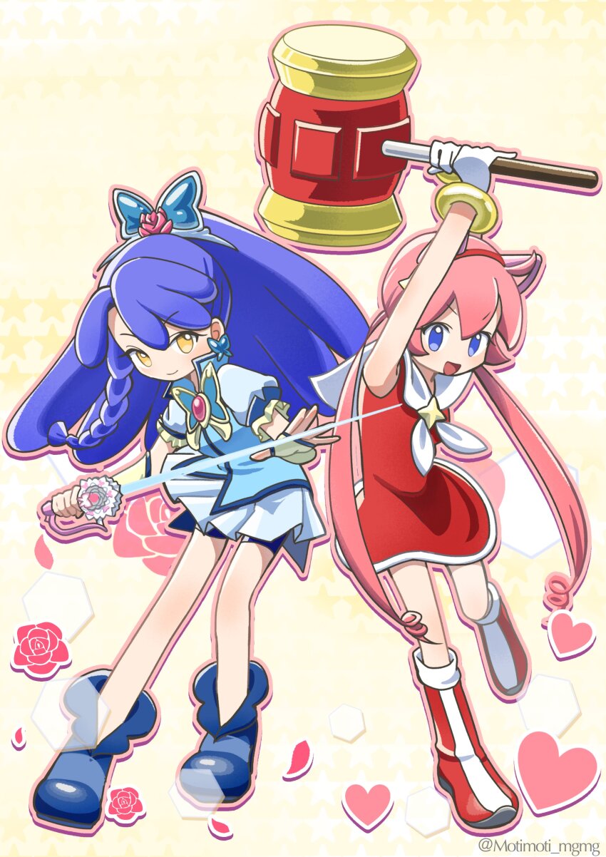 2girls absurdres aldera_(puyopuyo) amy_rose amy_rose_(cosplay) animal_ears arms_up artist_name blue_boots blue_bow blue_eyes blue_hair blue_lightsaber blue_shirt blue_shorts blue_skirt blue_vest boots bow bracelet braid brooch butterfly_brooch butterfly_earrings butterfly_hair_ornament capelet closed_mouth commentary cosplay cure_aqua cure_aqua_(cosplay) detached_sleeves dress earrings energy_sword flower frilled_sleeves frills full_body gloves hair_flower hair_ornament hairband hammer heart highres holding holding_hammer holding_sword holding_weapon jewelry knee_boots lightsaber long_hair looking_at_viewer magical_girl miniskirt motimoti_mgmg multiple_girls nasos_(puyopuyo) official_alternate_costume open_mouth pink_flower pink_hair pink_rose ponytail precure puffy_short_sleeves puffy_sleeves puyopuyo puyopuyo_quest red_boots red_dress red_hairband rose shirt short_sleeves shorts shorts_under_skirt single_braid skirt sleeveless sleeveless_dress smile sonic_(series) standing standing_on_one_leg star_(symbol) sword toy_hammer twintails twitter_username very_long_hair vest weapon white_capelet white_gloves yellow_eyes yes!_precure_5