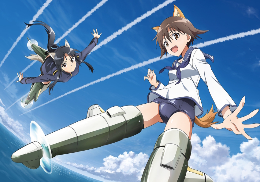 2girls animal_ears artist_request black_hair black_jacket blue_sailor_collar blue_sky brown_eyes brown_hair cloud cloudy_sky dog_ears dog_girl dog_tail flying hattori_shizuka jacket long_hair looking_at_another looking_at_viewer military military_uniform miyafuji_yoshika multiple_girls ocean official_art one-piece_swimsuit open_mouth outdoors sailor_collar school_swimsuit short_hair sky strike_witches striker_unit swimsuit swimsuit_under_clothes tail world_witches_series