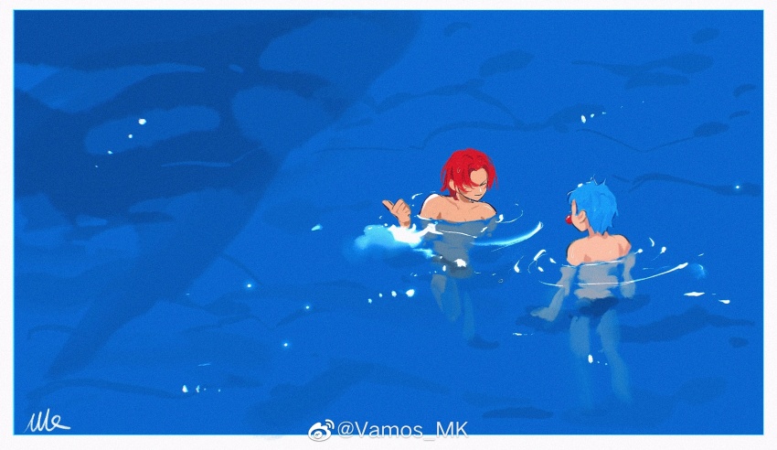 2boys black_male_swimwear blue_hair border buggy_the_clown facing_another highres male_focus male_swimwear multiple_boys ocean one_piece partially_submerged red_hair ripples shanks_(one_piece) short_hair signature thumbs_up topless_male vamos_mk white_border wide_shot