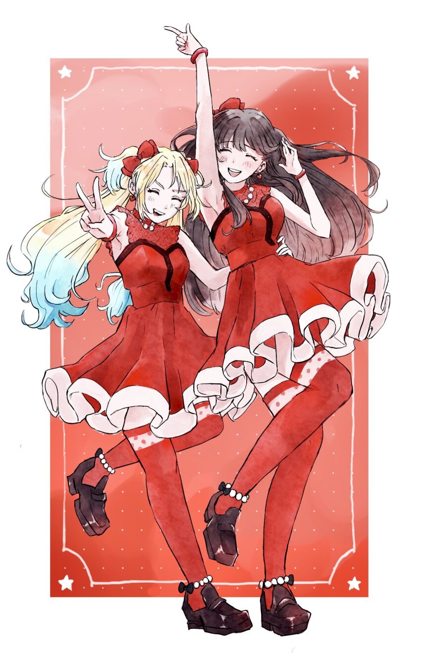 2girls :d ^_^ arm_up armpits blonde_hair blue_hair blush border bow breasts brown_hair brown_shoes closed_eyes commentary_request do!_do!_do!_(love_live!) dress facing_viewer fang finger_gun fujishima_megumi gradient_hair hair_bow highres leg_up light_blue_hair link!_like!_love_live! loafers long_hair love_live! medium_breasts medium_dress mira-cra_park! multicolored_hair multiple_girls official_alternate_costume open_mouth osawa_rurino outside_border parted_bangs polka_dot polka_dot_background red_background red_bow red_dress red_thighhighs shoes sleeveless sleeveless_dress smile standing standing_on_one_leg teeth thighhighs twintails two_side_up upper_teeth_only v virtual_youtuber white_border yam5565