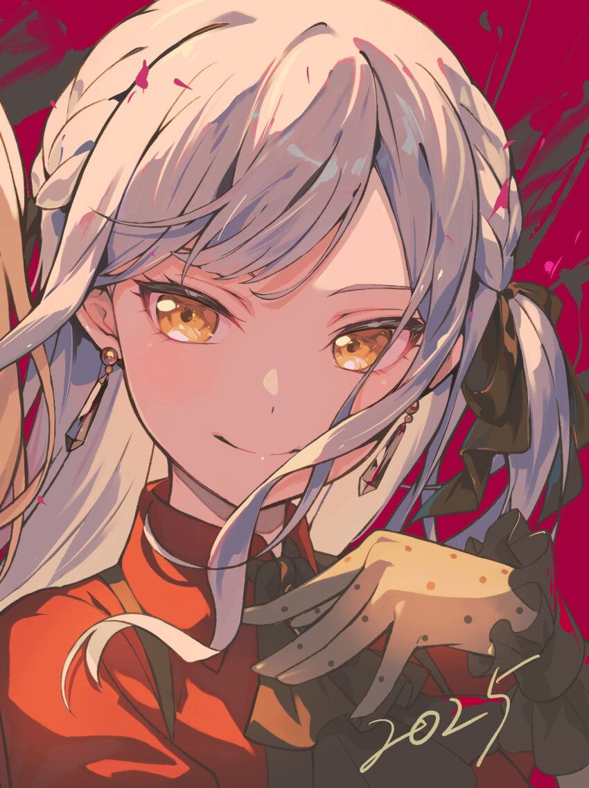 2girls absurdres ascot bang_dream! bang_dream!_it&#039;s_mygo!!!!! black_ascot black_gloves black_ribbon blonde_hair blue_hair braid closed_mouth commentary_request doloris_(bang_dream!) earrings gloves hair_ribbon highres jewelry long_hair misumi_uika multiple_girls nobusawa_osamu oblivionis_(bang_dream!) red_shirt ribbon shirt solo_focus togawa_sakiko upper_body yellow_eyes