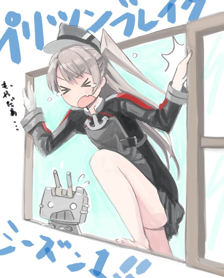 &gt;_&lt; 1girl amatsukaze_(kancolle) anchor_choker bad_id bad_twitter_id barefoot closed_eyes commentary_request cosplay fang flying_sweatdrops grey_hair hat highres kantai_collection leg_up military military_hat military_uniform no_legwear open_mouth peaked_cap pleated_skirt prinz_eugen_(kancolle) prinz_eugen_(kancolle)_(cosplay) prison_break_(series) rensouhou-kun retorillo sketch skirt tears translated twintails two_side_up window