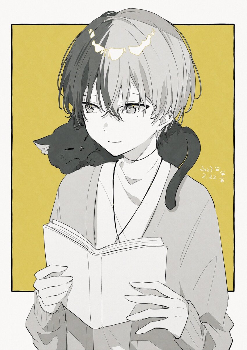 1boy aged_down animal_ears aoyagi_touya book cat_ears cat_tail child closed_eyes closed_mouth commentary dated hair_between_eyes highres holding holding_book jewelry jishio long_sleeves looking_at_animal male_focus mole mole_under_eye multicolored_hair necklace open_book paw_print project_sekai short_hair smile solo split-color_hair tail two-tone_hair upper_body