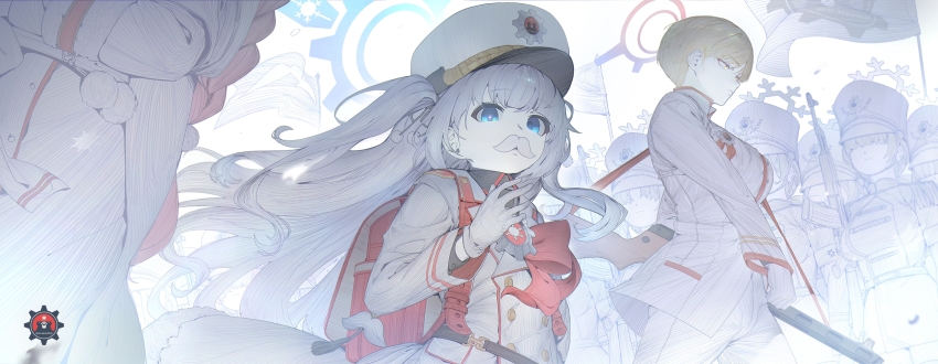 2girls army backpack bag blonde_hair blue_archive blue_eyes blue_halo cherino_(blue_archive) commentary emblem english_commentary facial_hair flag gloves gun halo hat highres holding holding_gun holding_weapon jacket jaeb_(kkrt0302) long_hair long_sleeves looking_at_viewer marina_(blue_archive) military_hat multicolored_halo multiple_girls mustache pants randoseru red_bag red_halo red_ribbon ribbon rifle short_hair snowflake_print two-tone_halo two_side_up upper_body very_long_hair very_short_hair weapon white_gloves white_hair white_hat white_jacket white_pants yellow_eyes