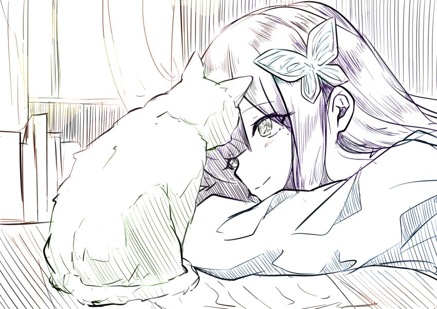 1girl arm_on_table assault_lily blush book butterfly_hair_ornament closed_mouth commentary curtains funada_kiito green_eyes hair_ornament head_rest highres houji_tea_latte jacket long_hair long_sleeves looking_at_animal mole mole_under_eye monochrome purple_hair smile solo spot_color symbol-only_commentary table upper_body window