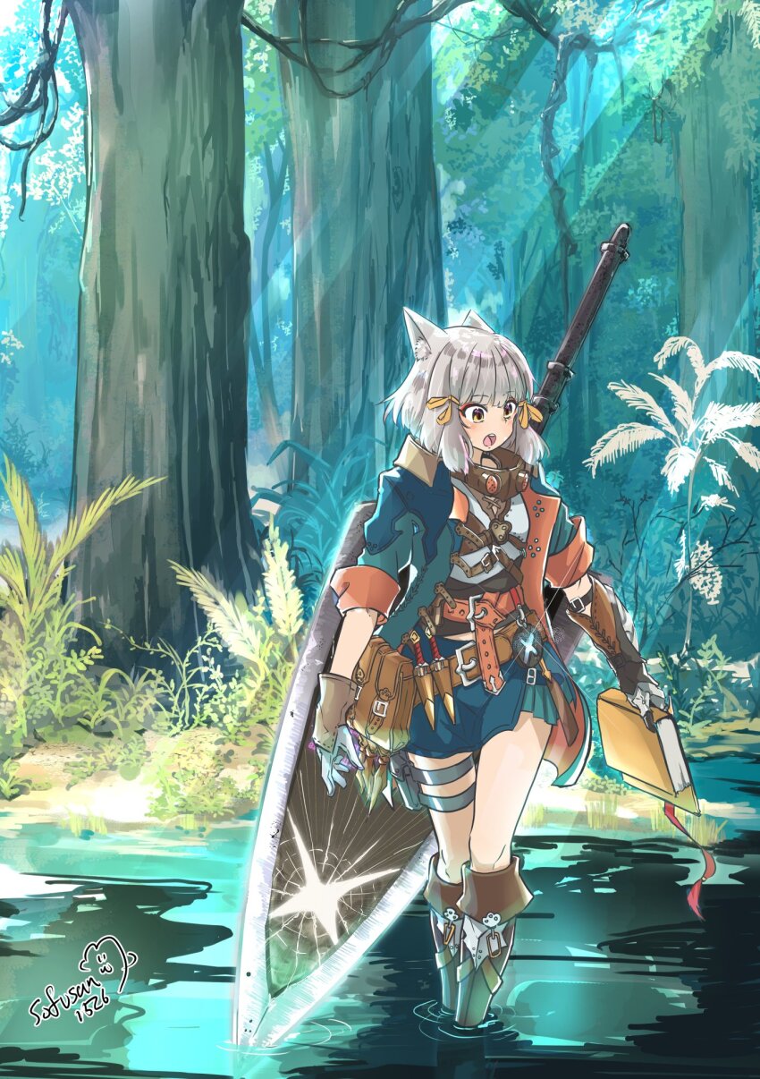 1girl alternate_costume animal_ears cat_ears cat_girl greatsword highres monster_hunter_(series) nia_(xenoblade) sofusan1526 solo sword walking weapon weapon_on_back xenoblade_chronicles_(series) xenoblade_chronicles_2