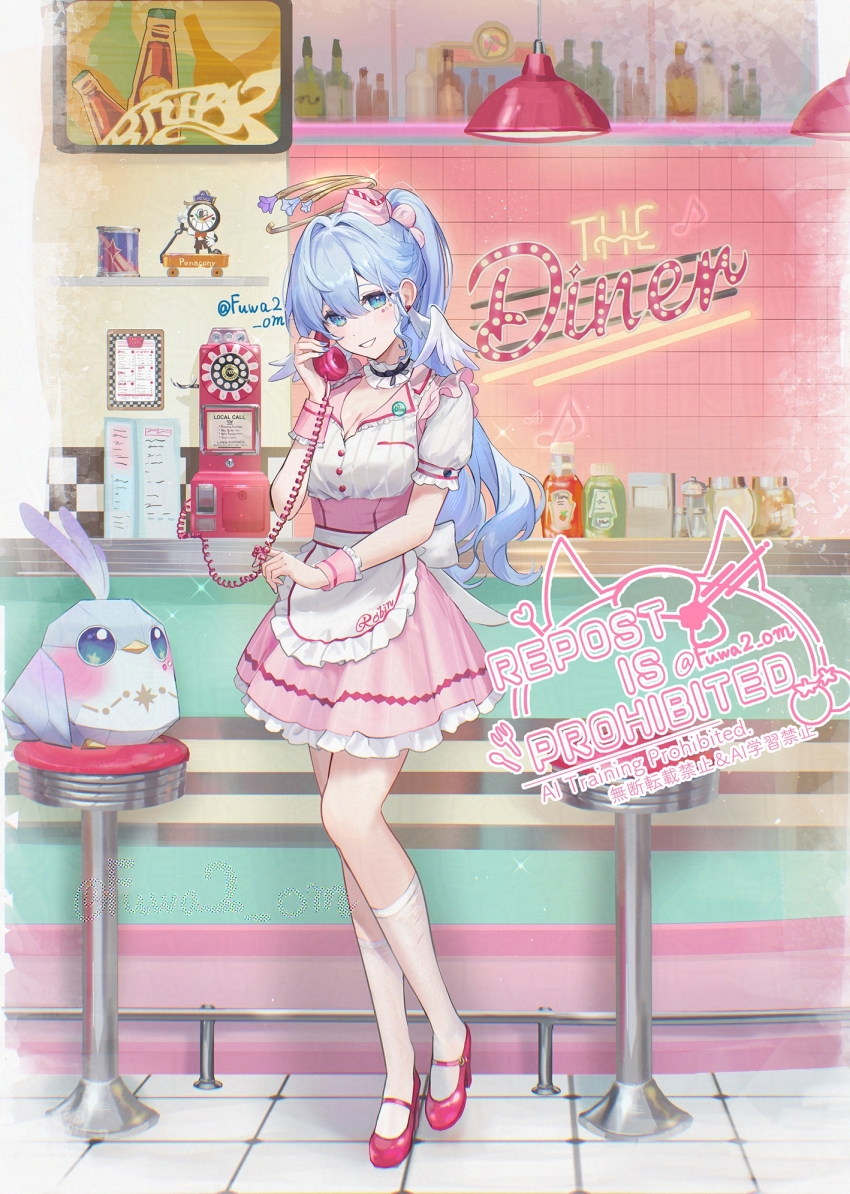 1girl alternate_costume alternate_hairstyle apron blue_hair breasts cleavage dress enmaided face_jewel full_body halo head_wings high_heels high_ponytail highres holding holding_phone honkai:_star_rail honkai_(series) jewel_under_eye kneehighs long_hair looking_at_viewer maid maid_apron mary_janes omelet_tomato origami_bird_(honkai:_star_rail) parted_lips phone pink_dress pink_shoes pink_wrist_cuffs ponytail robin_(honkai:_star_rail) shoes short_sleeves smile socks solo standing twitter_username white_apron white_socks wings wrist_cuffs