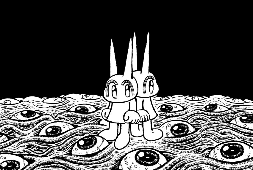 15ooo 2girls absurdres barefoot dress eyeball greyscale highres horror_(theme) monochrome multiple_girls original surreal toon_(style)