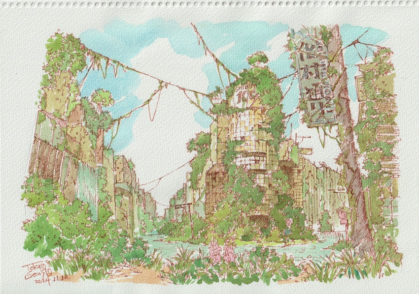 abandoned blue_sky building commentary_request dated day dilapidated flower highres no_humans original outdoors overgrown pink_flower post-apocalypse road_sign scenery shibuya_109 sign signature sky tokyogenso traditional_media tree water waterfall