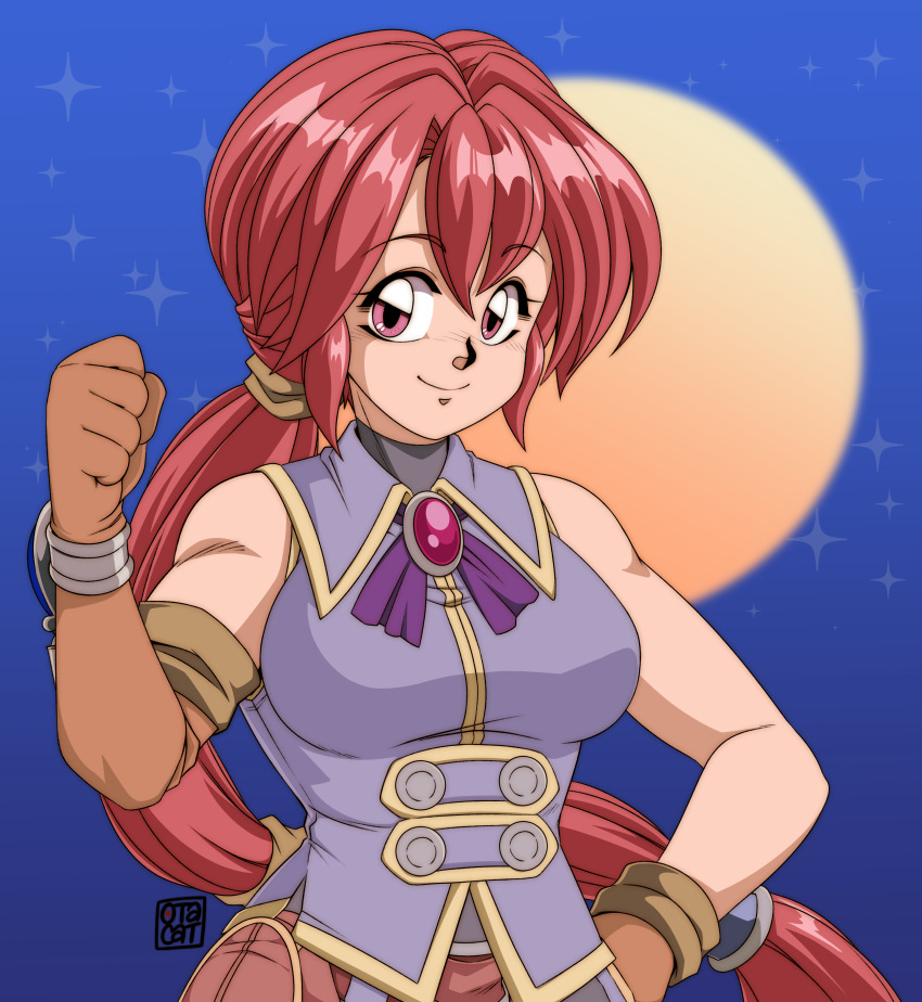0tacat 1girl absurdres asymmetrical_gloves breasts brown_gloves clenched_hand commentary commission dark_chronicle elbow_gloves english_commentary full_moon gloves hand_on_own_hip highres large_breasts long_hair monica_(dark_chronicle) moon ponytail red_eyes red_hair signature single_elbow_glove smile solo sparkle_background very_long_hair