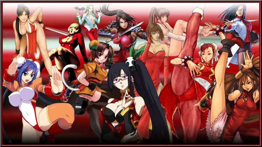 anna_williams aq_interactive arc_system_works arcana_heart battle_fantasia blazblue bloody_roar capcom chun-li covered_erect_nipples covered_navel coyori crossover dead_or_alive examu fatal_fury guilty_gear highres hudson_soft jenny_burtory justice_gakuen kasumi_(doa) konami kuradoberi_jam litchi_faye_ling mei-fang minazuki_kyouko morrigan_aensland namco shiranui_mai snk soul_calibur street_fighter taki_(soulcalibur) tecmo tekken the_king_of_fighters darkstalkers