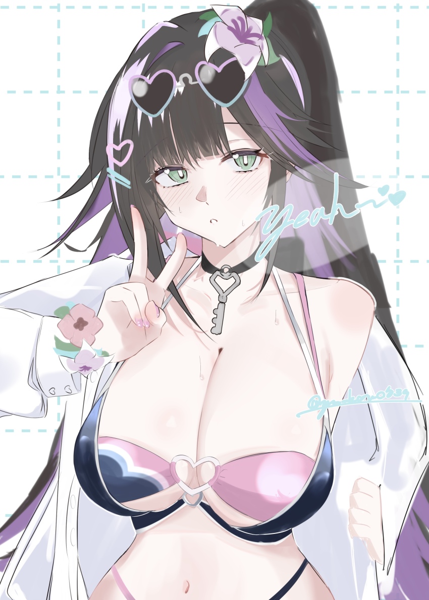 1girl abigail_(black_survival) absurdres bare_shoulders bikini black_bikini black_choker black_hair black_survival blush breasts choker cleavage colored_inner_hair eternal_return:_black_survival green_eyes hair_ribbon highres jacket large_breasts layered_bikini long_hair looking_at_viewer multicolored_hair navel official_alternate_costume pink_bikini purple_hair ribbon simple_background solo stomach streaked_hair string_bikini sunglasses swimsuit thighs two-tone_hair v white_background white_jacket yumekou0839