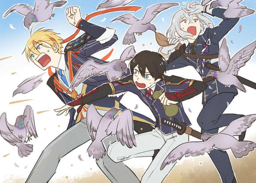 3boys aqua_eyes armor bag bird black_hair blonde_hair collared_shirt gloves headband honebami_toushirou horikawa_kunihiro japanese_armor kote male_focus military military_uniform multiple_boys necktie open_mouth pants pigeon purple_eyes running sheath sheathed shirt shoulder_armor sode sword touken_ranbu wakizashi watakei_(16161717) weapon white_gloves white_hair white_pants yamanbagiri_kunihiro yamanbagiri_kunihiro_(kiwame)