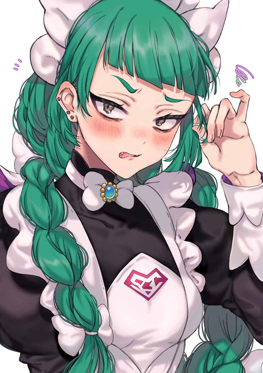 1girl apron blush bow bowtie braid brown_eyes commentary_request earrings fangs green_hair hand_up highres jewelry kayanogura lebanne_(pokemon) long_hair long_sleeves looking_at_viewer nintendo notice_lines open_mouth pokemon pokemon_legends:_z-a puffy_sleeves simple_background solo squiggle tongue upper_body wavy_eyes white_apron white_background white_bow white_bowtie