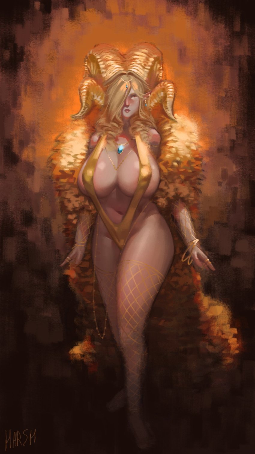 1girl absurdres bangle barefoot bracelet breasts chain cleavage commentary covered_erect_nipples curvy dragon_girl dragon_horns drill_hair earrings elder_dragon english_commentary facing_viewer feather_boa fishnet_sleeves fishnet_thighhighs fishnets forehead_jewel full_body gem gold_chain gold_horns gold_one-piece_swimsuit hair_over_one_eye harsh-mallowz highres horns huge_breasts jewelry kulve_taroth lips long_hair monster_hunter:_world monster_hunter_(series) multiple_rings navel necklace nose one-piece_swimsuit personification pointy_ears ring shiny_swimsuit slingshot_swimsuit solo standing swimsuit thick_thighs thighhighs thighs