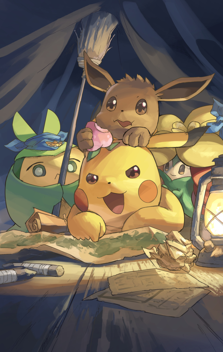 berry_(pokemon) broom brown_eyes brown_fur eating eevee gen_1_pokemon gen_5_pokemon gen_8_pokemon gossifleur highres holding holding_broom lantern map nintendo no_humans open_mouth pecha_berry pokemon pokemon_(creature) swadloon wooden_floor yamaori_(hakkentai_pokedan) yellow_fur
