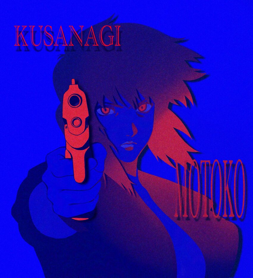 1girl aiming aiming_at_viewer aizheajsee blue_background character_name finger_on_trigger ghost_in_the_shell ghost_in_the_shell:_stand_alone_complex gun handgun highres holding holding_gun holding_weapon kusanagi_motoko looking_at_viewer purple_hair red_eyes solo weapon