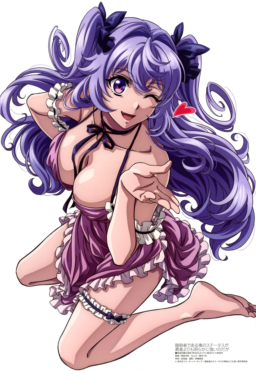 1girl ;d absurdres anime_coloring armpit_crease assassin_dearu_ore_no_status_ga_yuusha_yori_mo_akiraka_ni_tsuyoi_nodaga barefoot bow breasts cleavage collarbone copyright_name copyright_notice fang frilled_thigh_strap frills from_above hair_bow heart highres kneeling large_breasts latticenail lingerie long_hair looking_at_viewer looking_up magazine_scan megami_magazine neck_ribbon negligee official_art okada_hirona one_eye_closed open_mouth pink_negligee purple_eyes purple_hair ribbon scan shiny_skin simple_background smile solo thigh_strap two_side_up underwear white_background