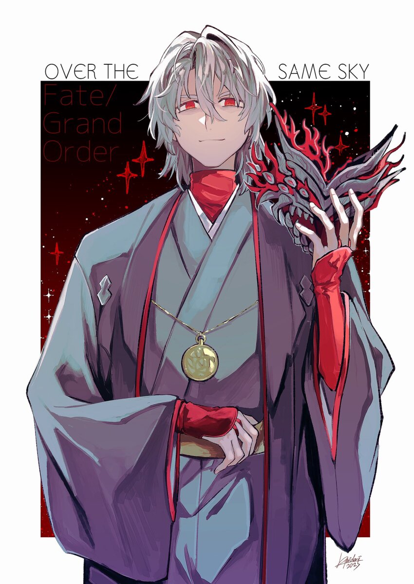 1boy antonio_salieri_(fate) antonio_salieri_(over_the_same_sky)_(fate) artist_name black_background border bridal_gauntlets closed_mouth copyright_name cowboy_shot fate/grand_order fate_(series) glint gradient_background grey_hair grey_kimono hair_between_eyes hand_up haori highres holding holding_mask japanese_clothes kimidorix32 kimono long_sleeves looking_at_viewer male_focus mask medallion medium_hair outside_border red_background red_eyes red_shirt shirt signature simple_background smile solo sparkle standing turtleneck undershirt unworn_mask white_border wide_sleeves