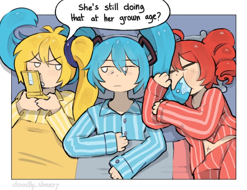 2girls ahoge akita_neru aqua_hair bed blonde_hair blue_pajamas drill_hair english_text hatsune_miku highres holding holding_phone kasane_teto long_hair long_sleeves midriff mitsuko_tan multiple_girls navel pajamas phone red_hair red_pajamas side_ponytail sleeves_past_wrists speech_bubble triple_baka_(vocaloid) twin_drills twintails utau vocaloid yellow_pajamas