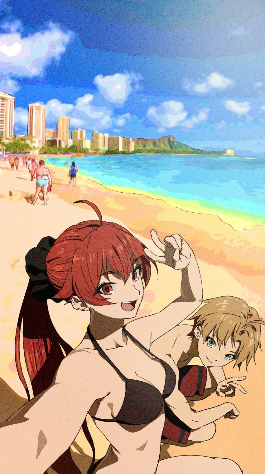 1boy 1girl absurdres ahoge alternate_hairstyle arm_up beach bikini black_bikini blue_sky breasts building cloud eris_greyrat green_eyes hair_ornament hair_ribbon hair_scrunchie hawaii highres large_breasts looking_at_another mushoku_tensei nyus0721 open_mouth ponytail real_world_location red_eyes red_hair ribbon rudeus_greyrat scrunchie sky smile swimsuit teeth tongue v