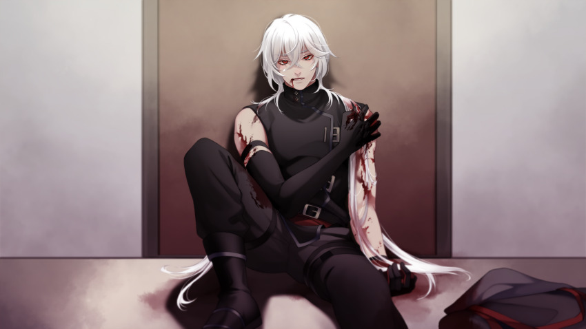 1boy a_date_with_death against_door belt black_gloves blood blood_on_arm blood_on_face blood_on_mouth casper_(a_date_with_death) crossed_bangs elbow_gloves foot_out_of_frame full_body gloves hand_on_own_arm highres holding_own_arm jacket jellyfish_cut knee_up male_focus medium_hair multiple_belts non-web_source official_art on_ground outstretched_leg red_eyes shadow single_elbow_glove sleeveless sleeveless_turtleneck solo spotlight spread_fingers turtleneck unworn_jacket variant_set white_hair