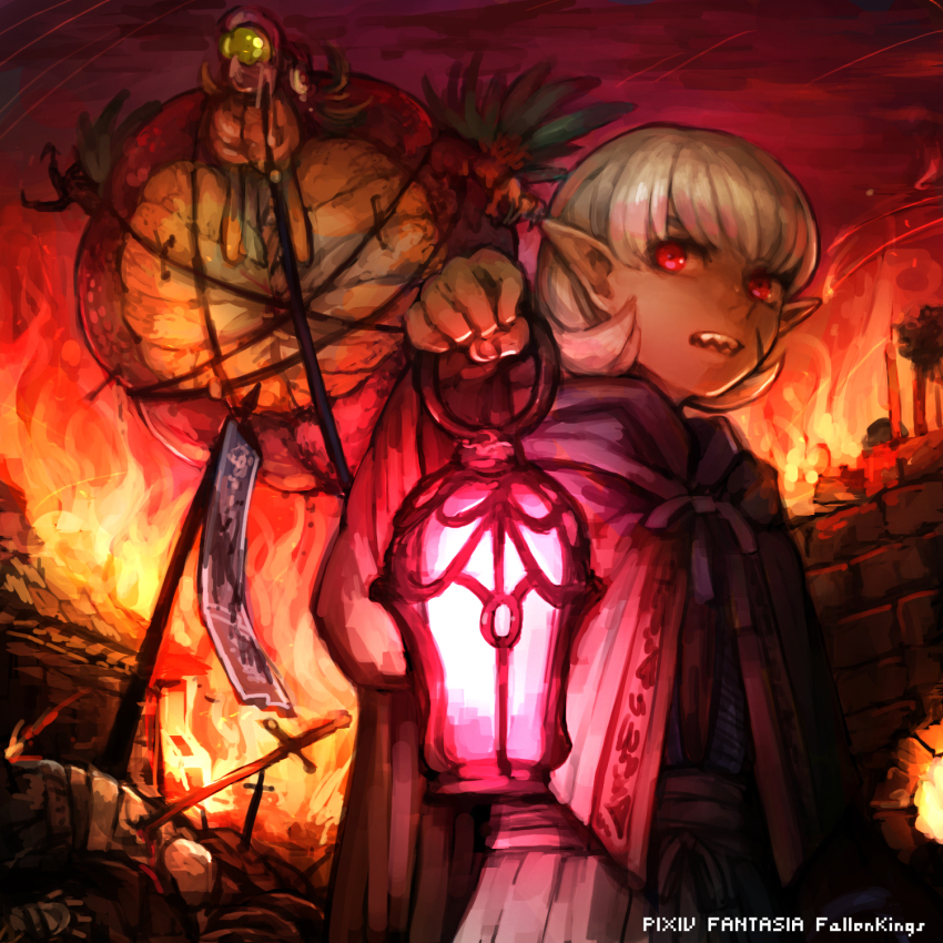 1girl akaneko_(redakanekocat) banner cloak commentary_request copyright_name dark-skinned_female dark_skin facial_scar fire grey_hair highres holding holding_lantern hood hood_down hooded_cloak lantern looking_at_viewer monster open_mouth pixiv_fantasia pixiv_fantasia_fallen_kings planted planted_sword planted_weapon pointy_ears red_eyes restrained scar scar_on_cheek scar_on_face sharp_teeth short_hair sword teeth weapon